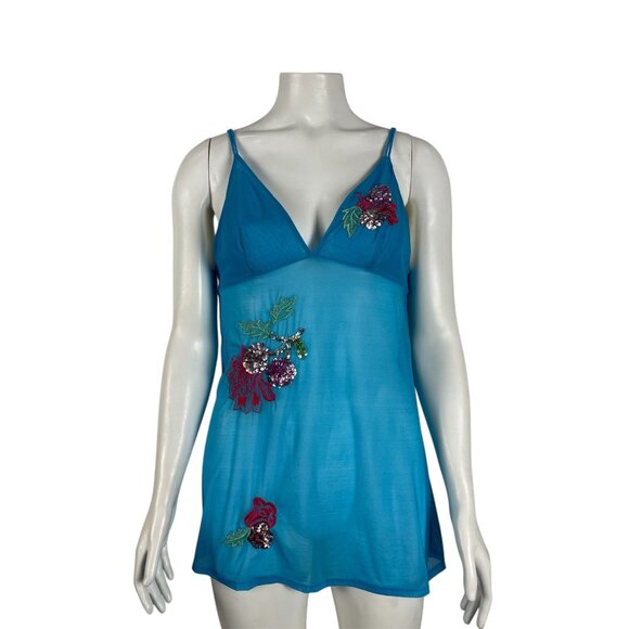 Vintage Y2K Victoria's Secret Mesh Babydoll Slip Nightgown Medium Blue Sequins - Picture 1 of 7